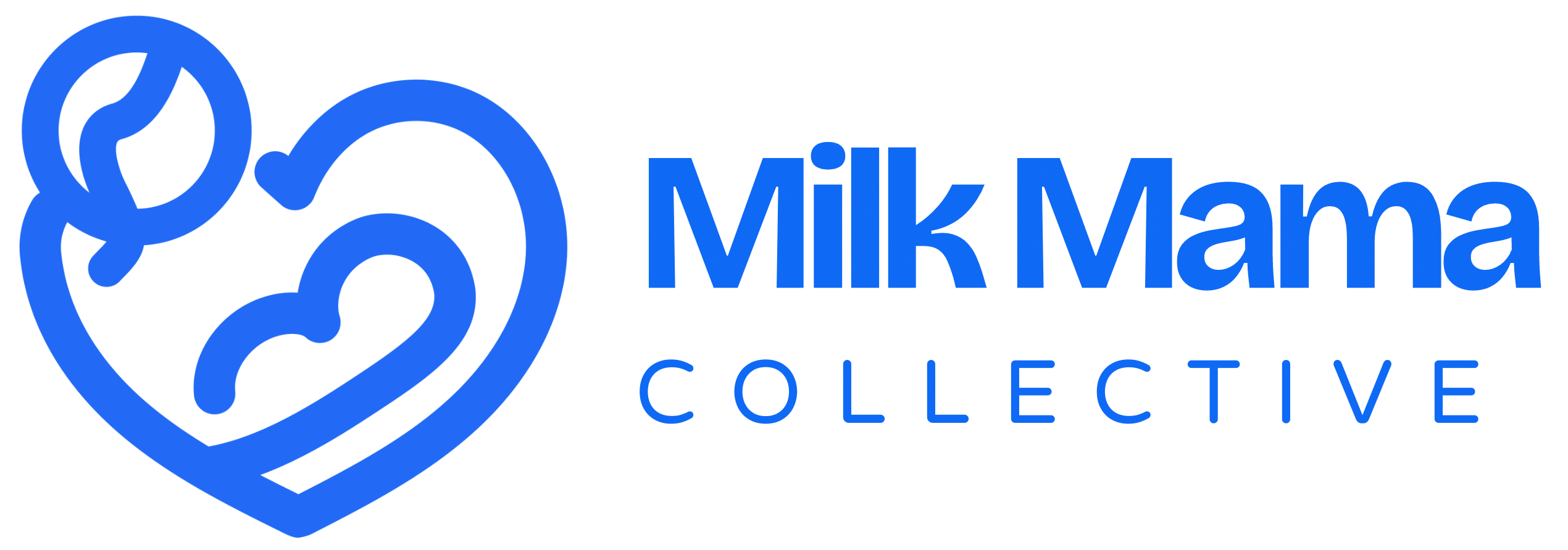 Blue logo featuring an outline of a heart with a small circle inside, accompanied by the text "Milk Mama Collective" on the right.