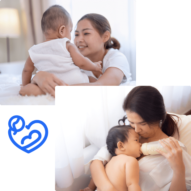 Top image: A woman smiling at a baby sitting on a bed. Bottom image: A woman feeding a baby with a bottle. A blue heart symbol is on the left.