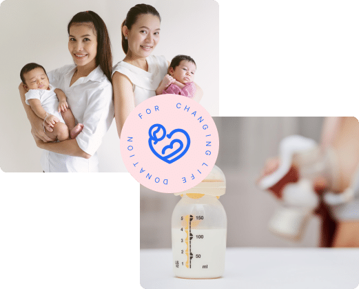 Two women holding babies stand beside a logo for a donation foundation. Below, a close-up of a baby bottle filled with milk with a blurred hand holding a breast pump in the background.